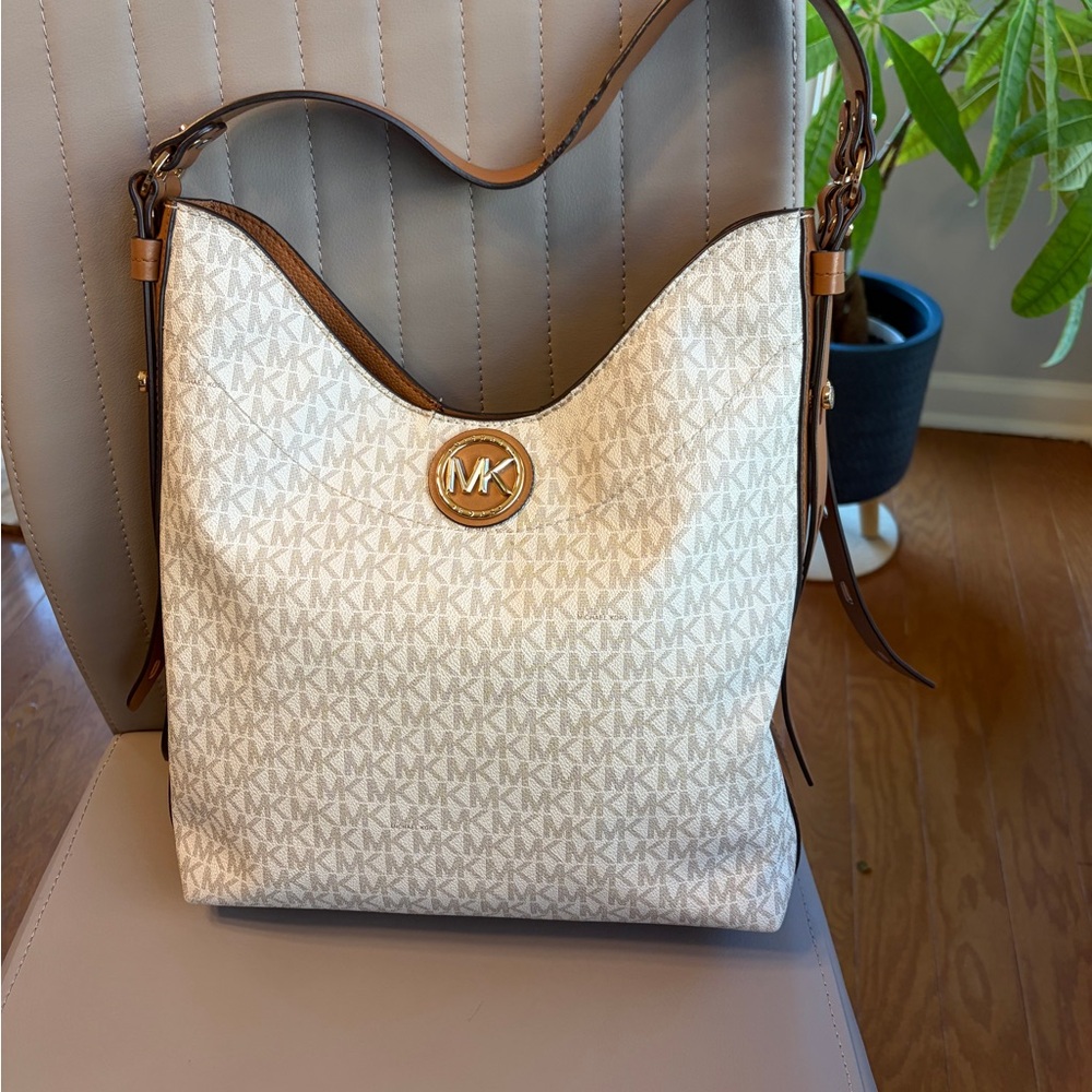 Michael Kors Cream and Brown Logo Shoulder Bag with Gold MK Emblem